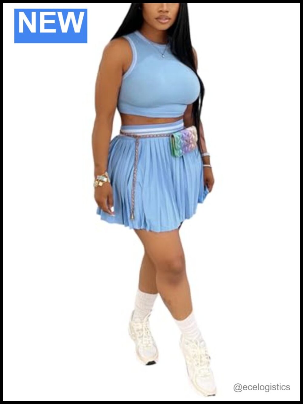 2 Piece Tennis Skirt Set Crop Tank Pleated Mini Skirt Built-in Shorts Athletic